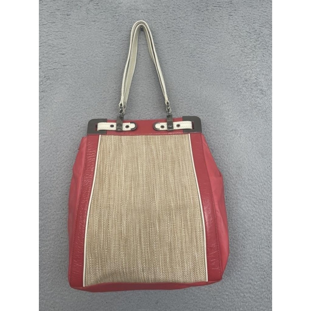 BCBGMAXAZRIA Coral Leather Raffia Shoulder Bag Large Coastal Resort Tote Travel